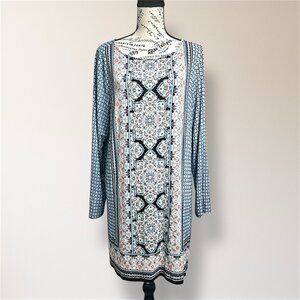 J.Jill Black Blue Paisley Medallion Long Sleeve‎ Lightweight Boho Tunic Top XL